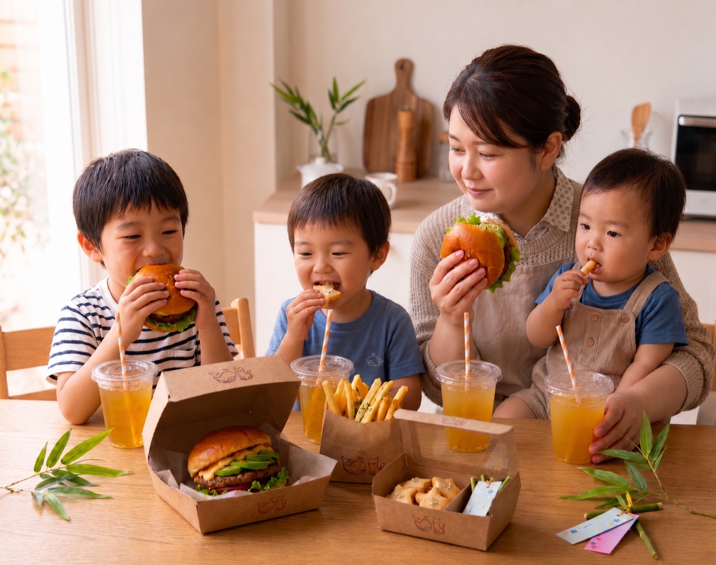 家でハンバーガーを囲む家族